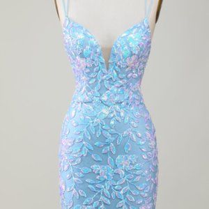 Spaghetti Straps Light Blue Short Homecoming Dress with Criss Cross Back